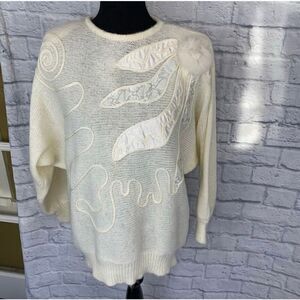 Adolfo Vintage women L Crewneck sweater w/cording, lace satin feather appliqués